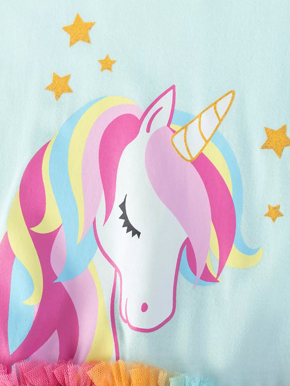 Toddler girls' light blue cotton dress with rainbow unicorn print and glitter stars.