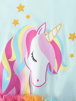 Toddler girls' light blue cotton dress with rainbow unicorn print and glitter stars.