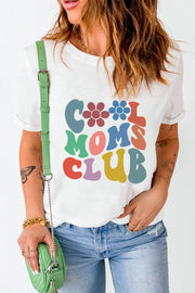 White graphic t-shirt with colorful "Cool Moms Club" text and flower details.