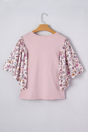 Maternity crew neck shirt in pink cotton with floral patchwork flutter sleeves.