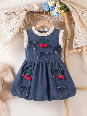 Children's Denim Cherry Applique Dress in Navy, side view