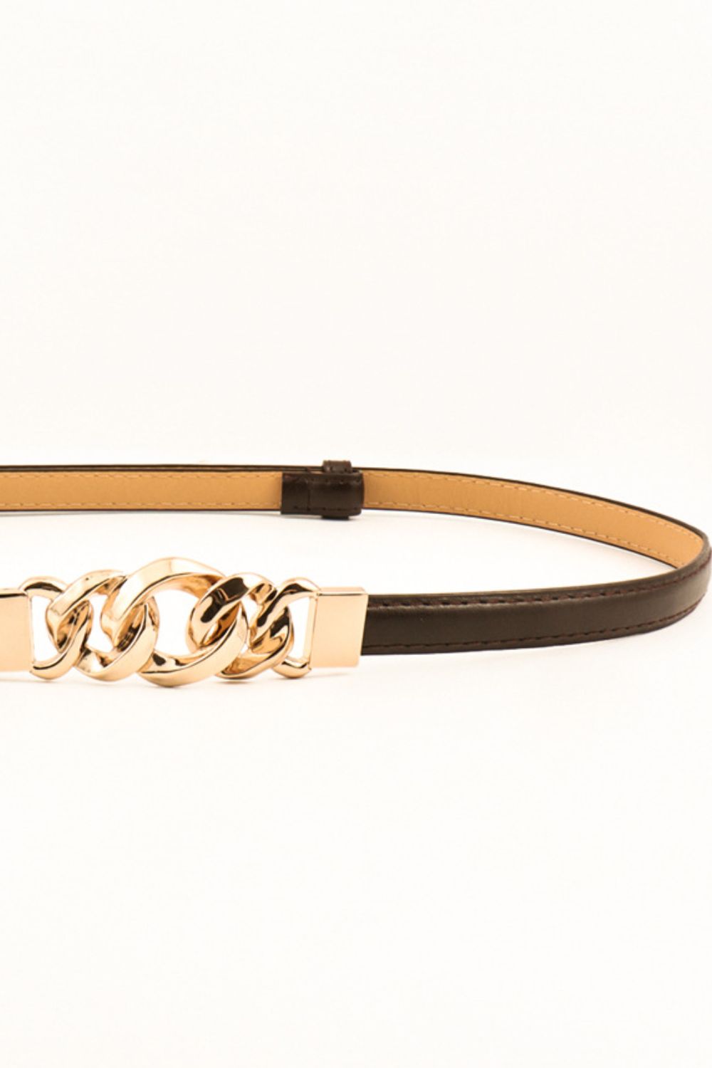 Chain link buckle belt in chocolate brown leather with gold-tone chain detail.