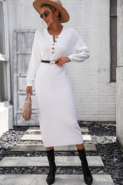 White textured knit henley midi dress with button detail and long sleeves.