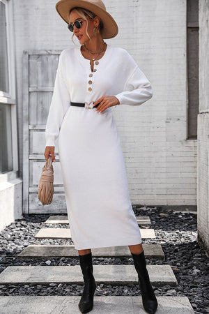 White textured knit henley midi dress with button detail and long sleeves.