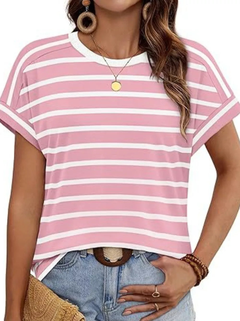Pink and white striped casual t-shirt with cuffed short sleeves and crew neck.