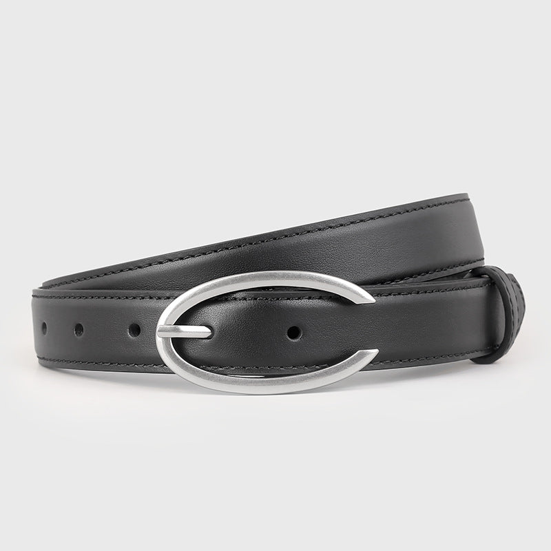 Black leather belt with contemporary oval silver buckle and stitched edges