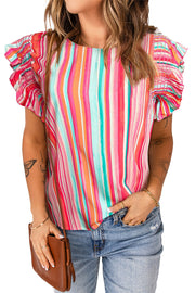 Multicolor striped blouse with ruffle butterfly sleeves and a crew neck.