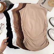 Textured ruching mock neck tank top in apricot, brown, white, and black with draped detail.