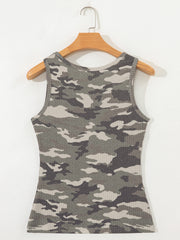 Ribbed knit camouflage tank top in army green and gray with a round neckline.