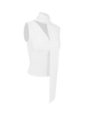 White draped cowl neck cami top with a deep V-neck and long tie detail.