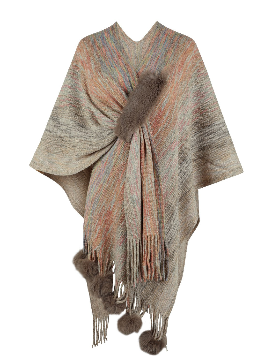 Knit wrap coat with multicolor stripes, faux fur trim, and pom-pom embellishments.