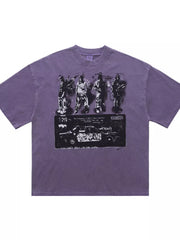 Purple cotton crew neck t-shirt with distressed graphic print of figures and a car.