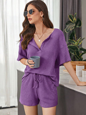 Purple waffle knit henley top and drawstring shorts loungewear set