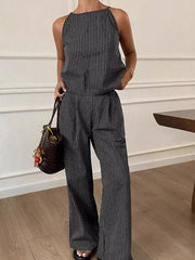 Black striped sleeveless top and wide-leg pants set