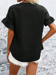 Black blouse with gathered yoke and ruffle short sleeves, button detail.
