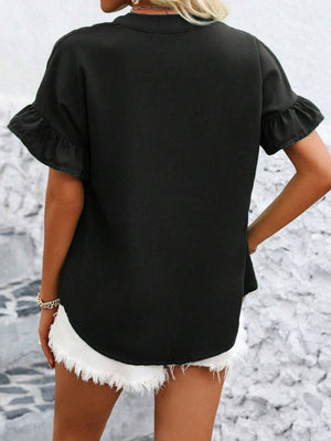 Black blouse with gathered yoke and ruffle short sleeves, button detail.