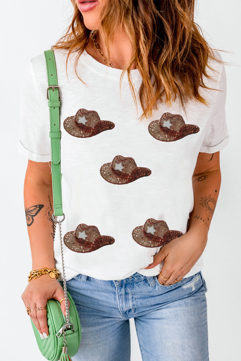 White cotton blend t-shirt with all-over sequin cowboy hat graphic print.