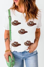White cotton blend t-shirt with all-over sequin cowboy hat graphic print.