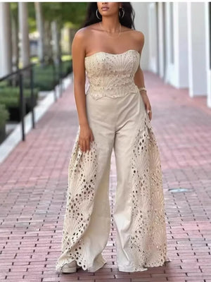 Apricot openwork strapless corset top and wide-leg pants set with intricate detailing.