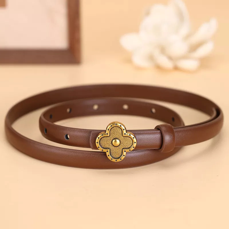 Brown leather belt with antique gold clover buckle detail