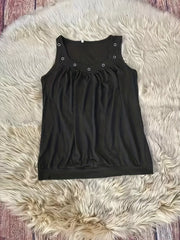Black V-neck ruched tank top with eyelet accents on neckline.