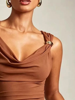 Apricot cowl neck tank top with draped fabric and gold ring detail on strap.