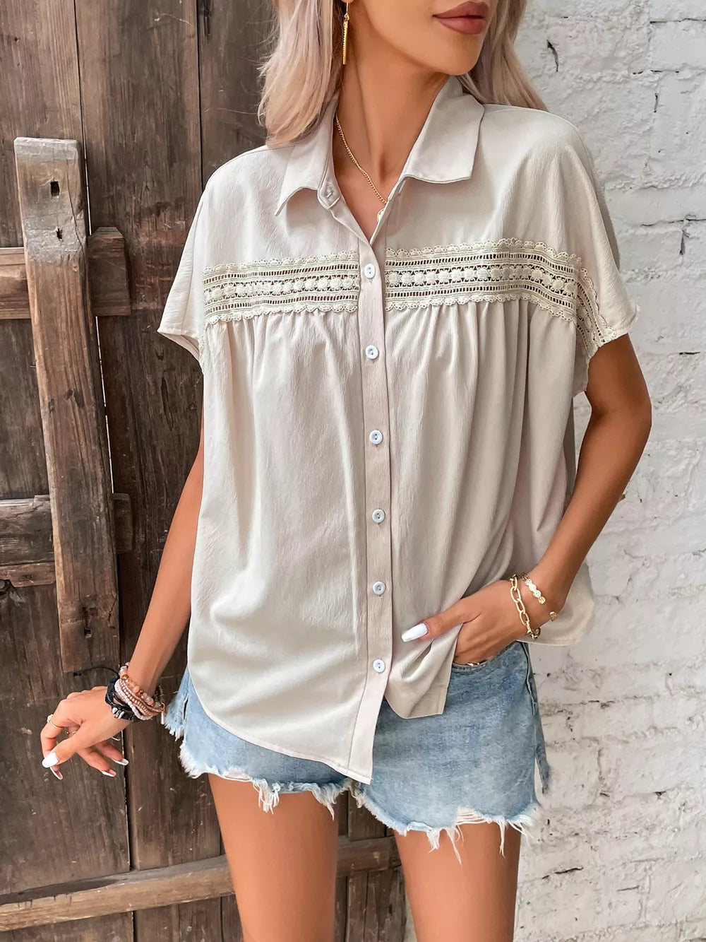 Apricot button-up shirt with lace trim and classic collar
