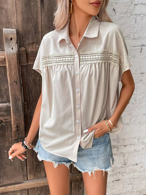 Apricot button-up shirt with lace trim and classic collar