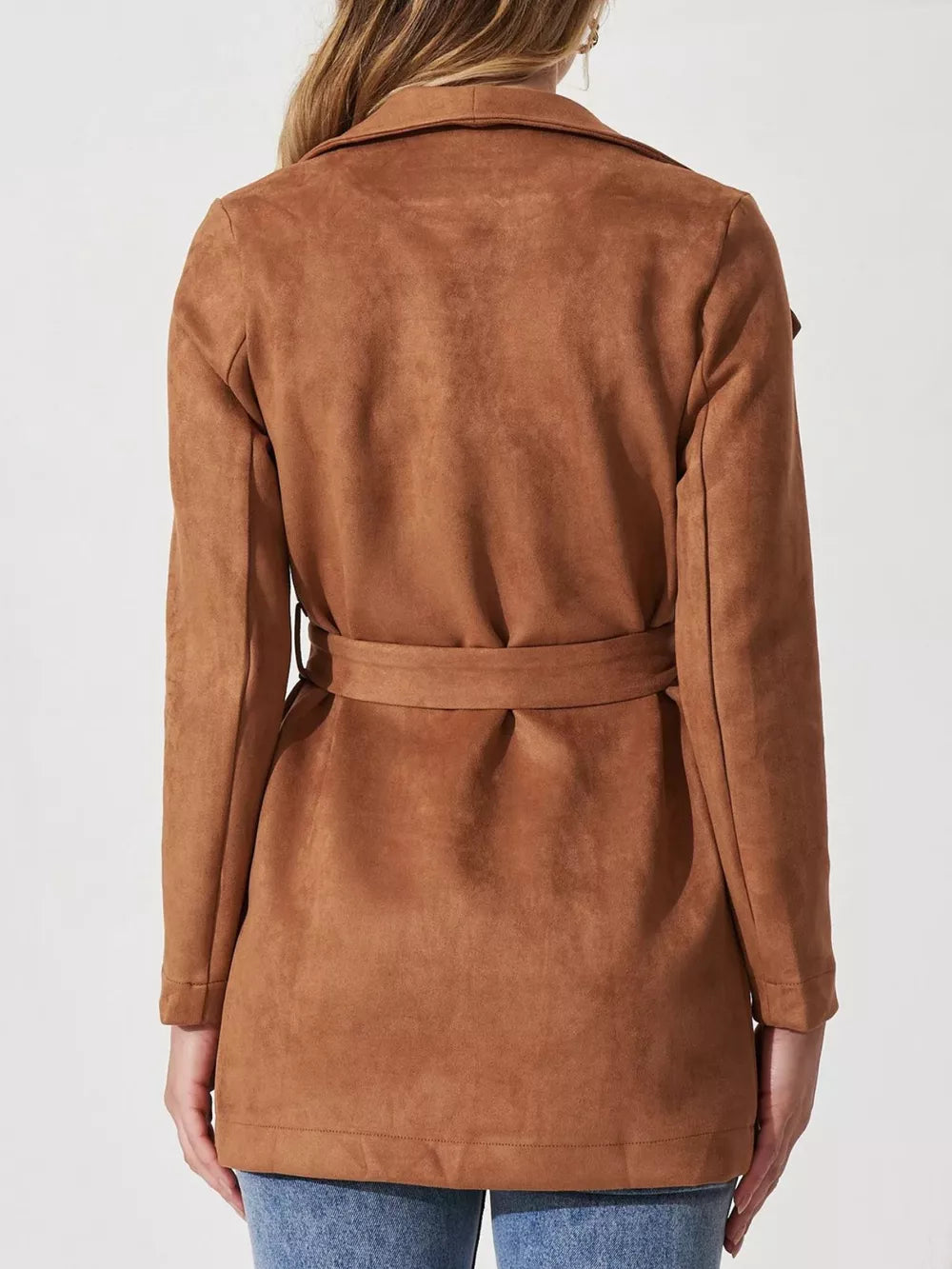 Bronze suede duster trench coat with tie waist and lapel collar.