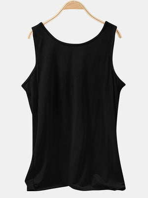 Black scoop neck tank top with a relaxed fit.