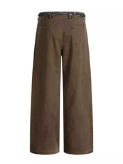 Belted wide-leg maternity pants in dark brown with a patterned belt and two back pockets.