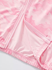 Lightweight pink camouflage hooded jacket for kids, featuring a full zip closure and elasticated hem.