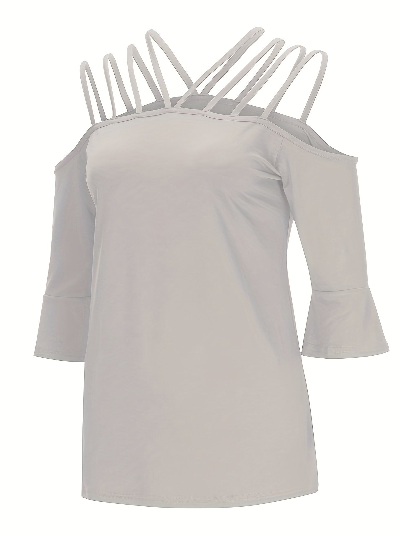 Light gray blouson top with strappy cold shoulder and flared sleeves