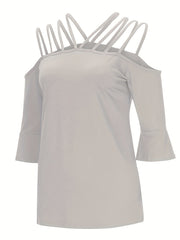 Light gray blouson top with strappy cold shoulder and flared sleeves