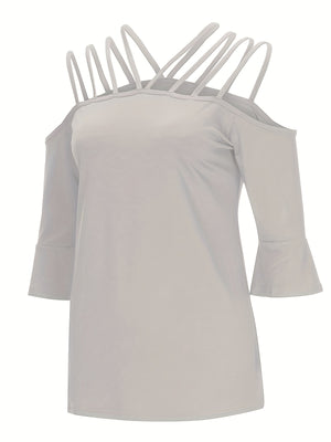 Light gray blouson top with strappy cold shoulder and flared sleeves