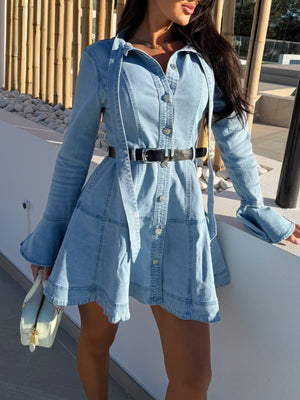 Light wash denim dress with button front, belted waist, and flounce sleeves.
