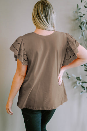 Mocha eyelet flutter sleeve tee with a round neckline.