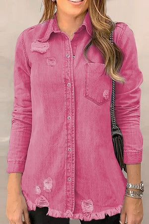 Pink distressed denim shirt jacket with raw edges and button front.