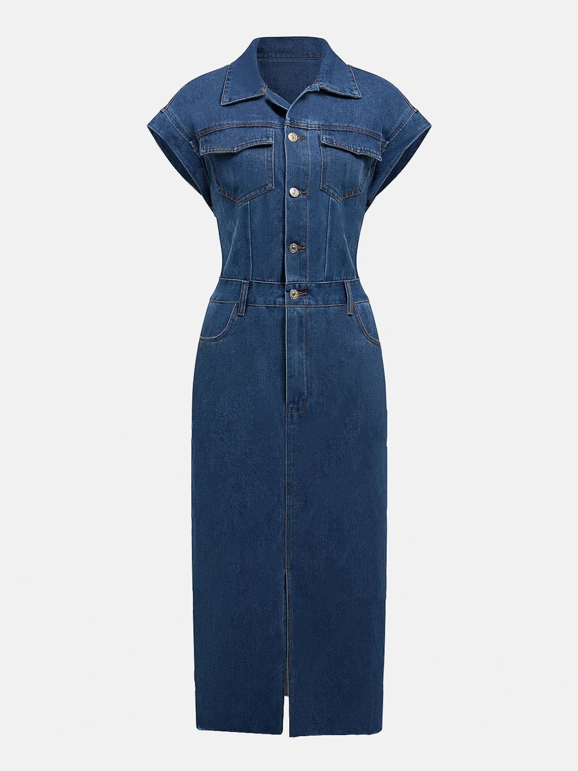 Sleeveless denim midi dress in medium wash with button front and front slit