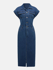 Sleeveless denim midi dress in medium wash with button front and front slit
