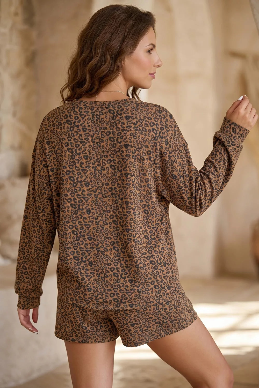 Leopard Print Long Sleeve Henley Top & Shorts Set in Coffee Brown, side view