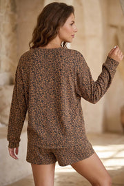 Leopard Print Long Sleeve Henley Top & Shorts Set in Coffee Brown, side view