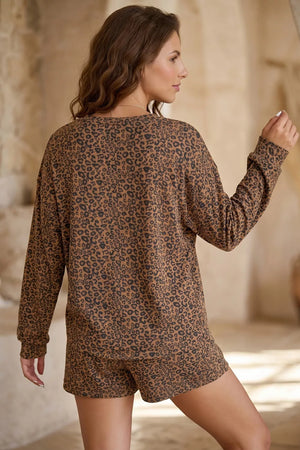 Leopard Print Long Sleeve Henley Top & Shorts Set in Coffee Brown, side view
