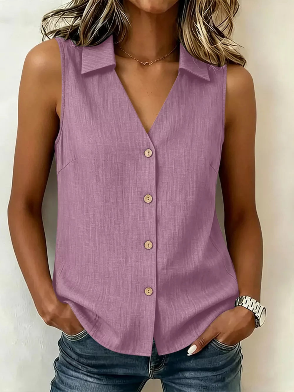 Full Size Button-up Sleeveless Collared Top in Navy, alternate angle