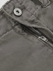 Gray utility cargo pants with distressed fabric detail and silver zipper.