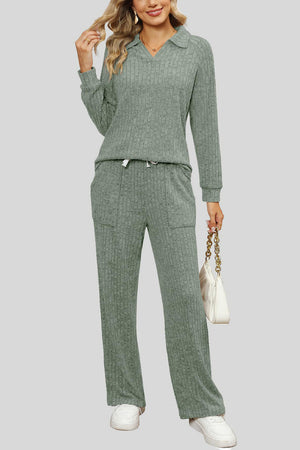 Sage ribbed knit lounge set with collar, long sleeves, drawstring waist, and wide leg pants.
