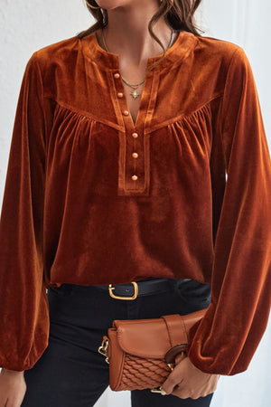 Brown velvet henley blouse with gathered yoke and button placket