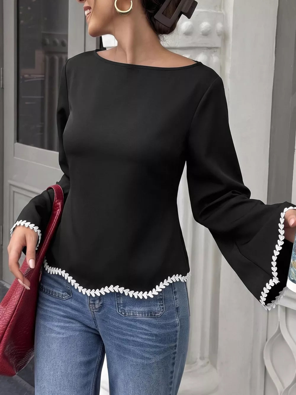 Contrast Trim Flare Sleeve Blouse in Black, close-up detail