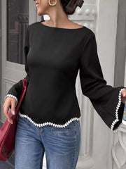 Contrast Trim Flare Sleeve Blouse in Black, close-up detail