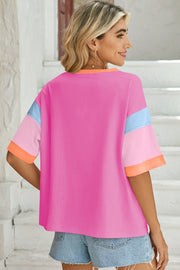 Panel Sleeve Crewneck Tee in Fuchsia Pink with colorblock sleeves and contrast trim.